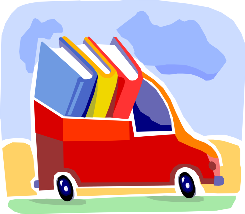 Vector Illustration of Travelling Mobile Library Bookmobile Motor Vehicle with Books
