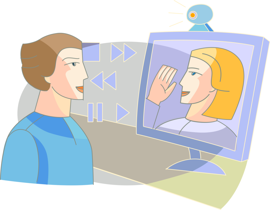 Vector Illustration of Business Associates in Face Time Meeting Videotelephony Conversation on Computer with Webcam Camera