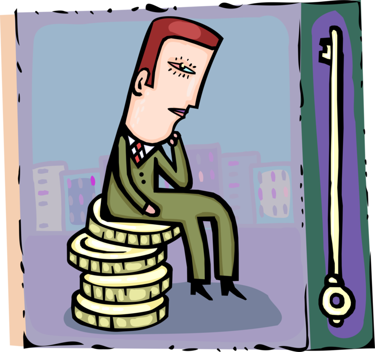 Vector Illustration of Contemplative Introspective Businessman Dreams of Wealth and Prosperity