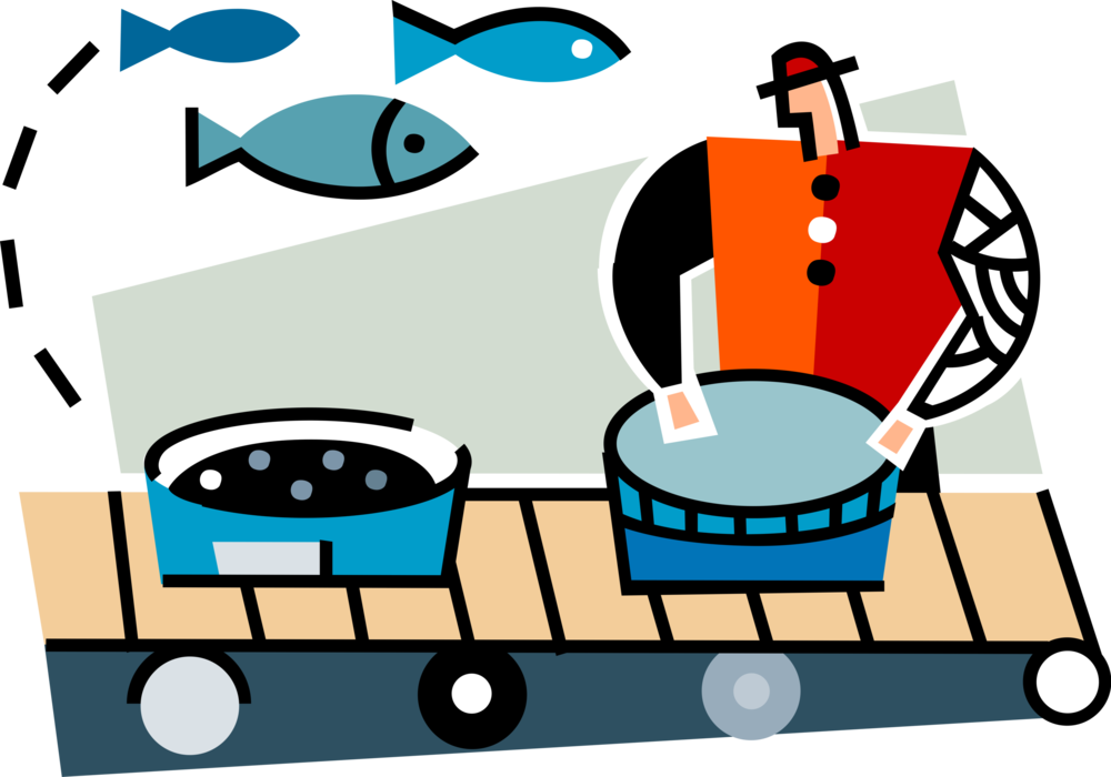 Vector Illustration of Commercial Fishery Fish Processing Plant Worker Processes Fresh Fish