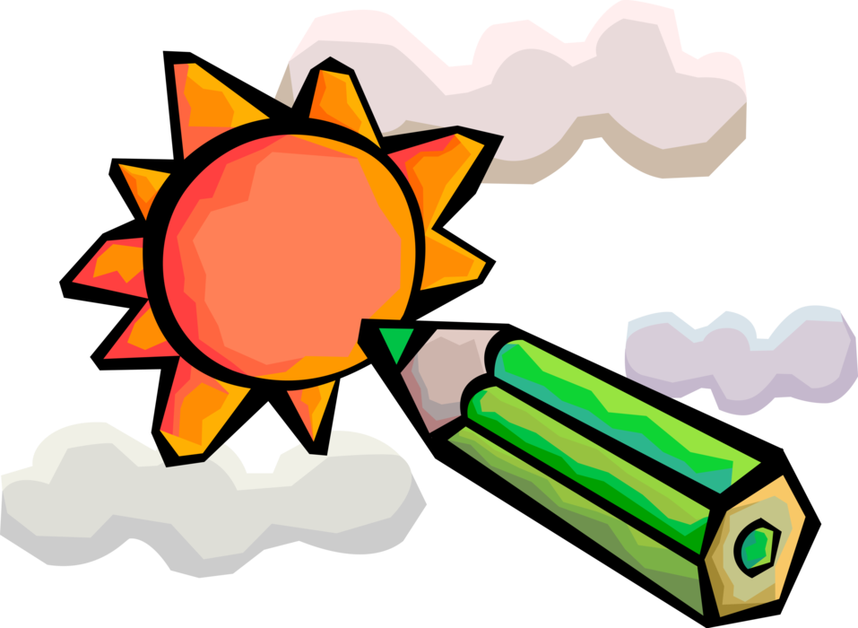 Vector Illustration of Graphite Pencil Writing or Drawing Instrument Draws the Sun Shining
