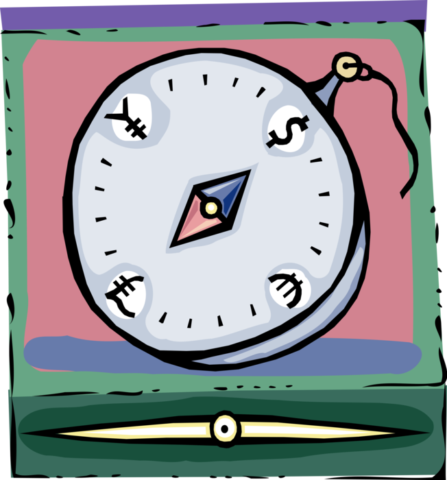 Vector Illustration of Magnetic Compass Navigates Financial Foreign Currency Markets Yen, Euro, Pound and Dollar