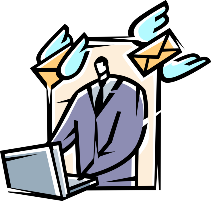 Vector Illustration of Businessman Sends Internet Electronic Mail Email Correspondence @ Symbol with Airmail Envelope Letters