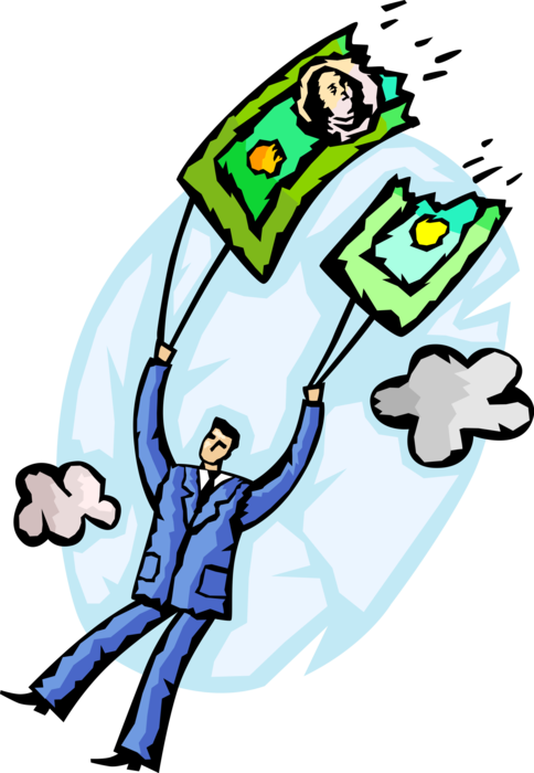 Vector Illustration of Cash Money Parachute Fails as Businessman Plummets Down to Earth at High Speed