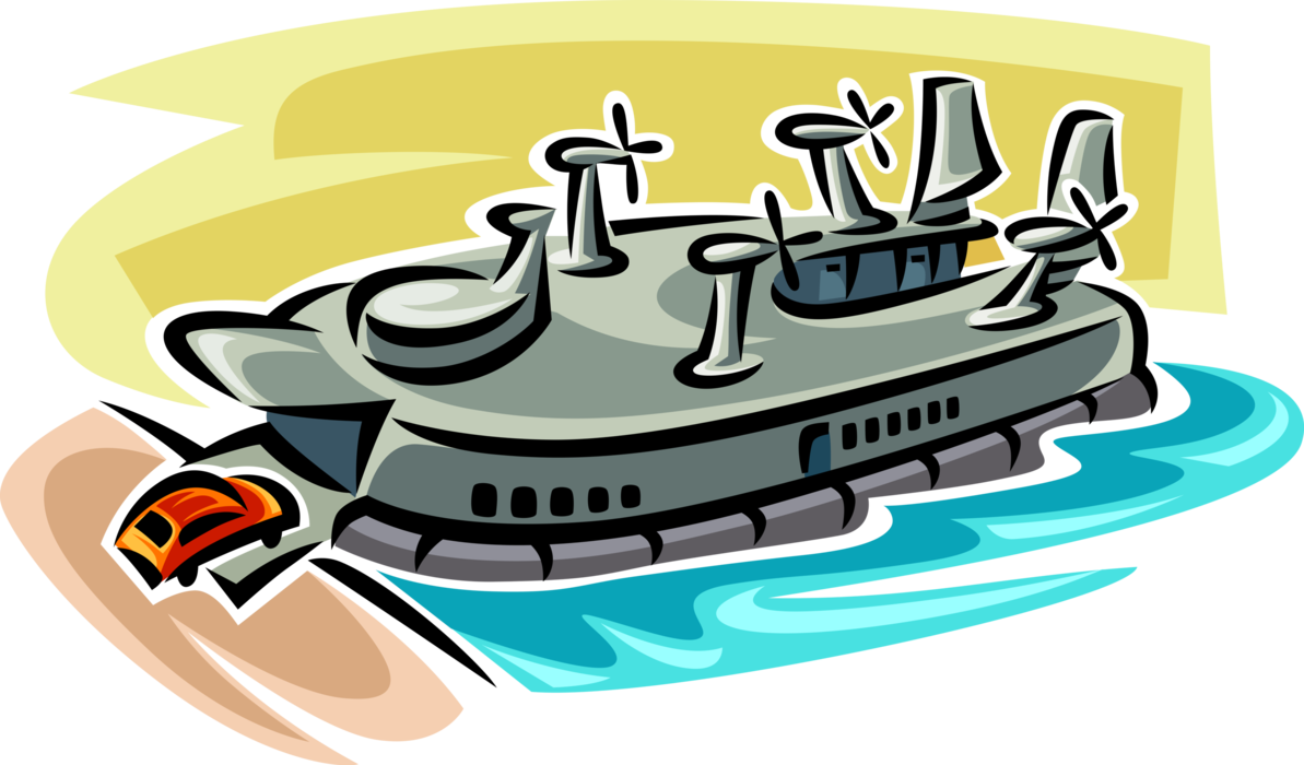 Vector Illustration of Hovercraft Passenger Ferry Air-Cushion Vehicle Carries Automobile Car Motor Vehicles