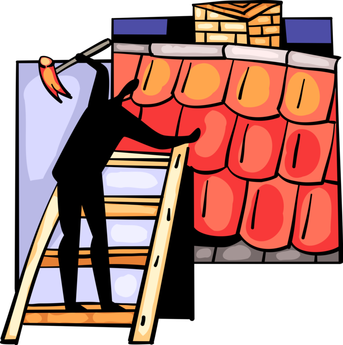 Vector Illustration of Construction Roofer on Ladder Replaces Roof Shingles with Hammer and Roofing Nails