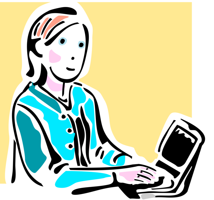 Vector Illustration of Woman Works on Notebook Personal Computer
