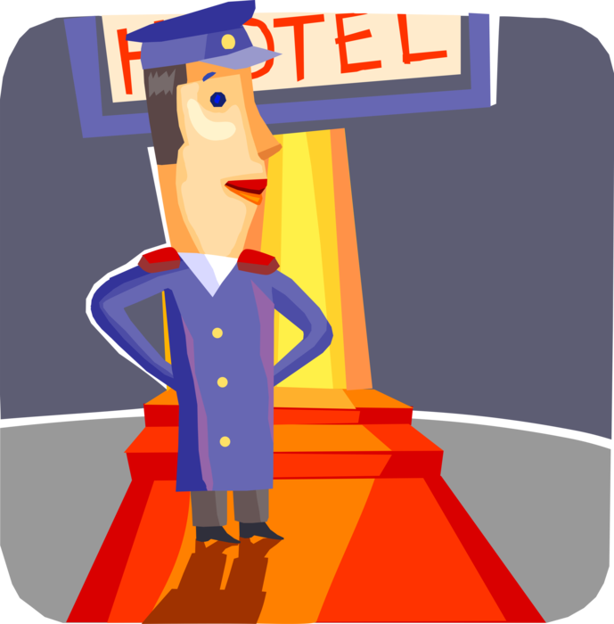 Vector Illustration of Resort Hotel Bellboy Bellhop or Bell Captain Greets Guests at Entrance Door