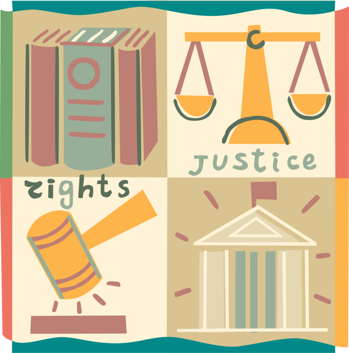 Vector Illustration of Legal Justice and Law Enforcement with Scales, Law Books, Judge's Gavel, Court of Law