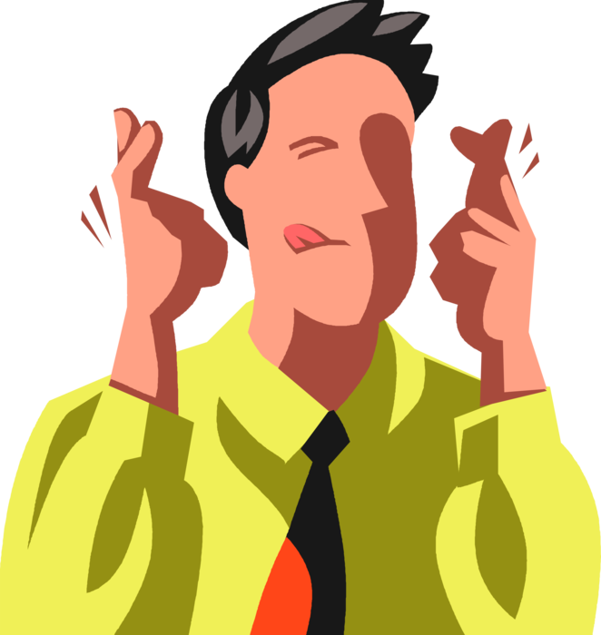 Vector Illustration of Businessman Crosses Fingers in Hand Gesture Wishing for Good Luck and Positive Outcome