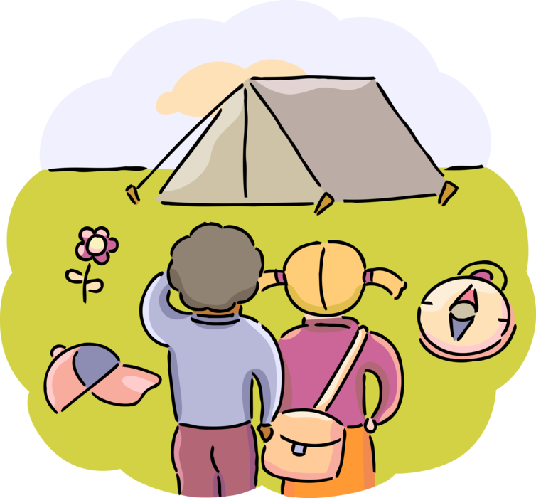 Vector Illustration of Outdoor Recreational Activity Campers with Pup-Tent Tent Shelter in Campground with Navigation Compass