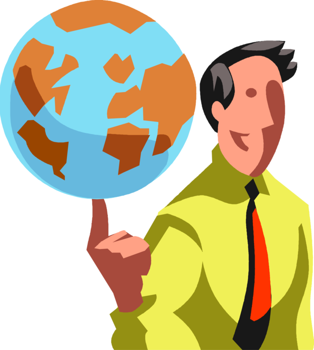 Vector Illustration of Confident, Self-Assured Businessman Spins the World Globe Planet Earth on Finger