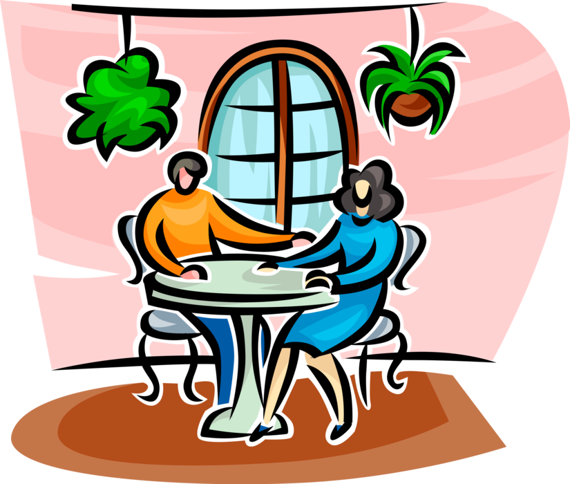 Vector Illustration of Couple Sit at Table Engaged in Conversation