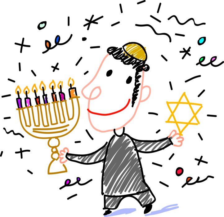 Vector Illustration of Jewish Boy in Synagogue with Menorah Lampstand and Star of David Shield of Jewish Identity and Judaism