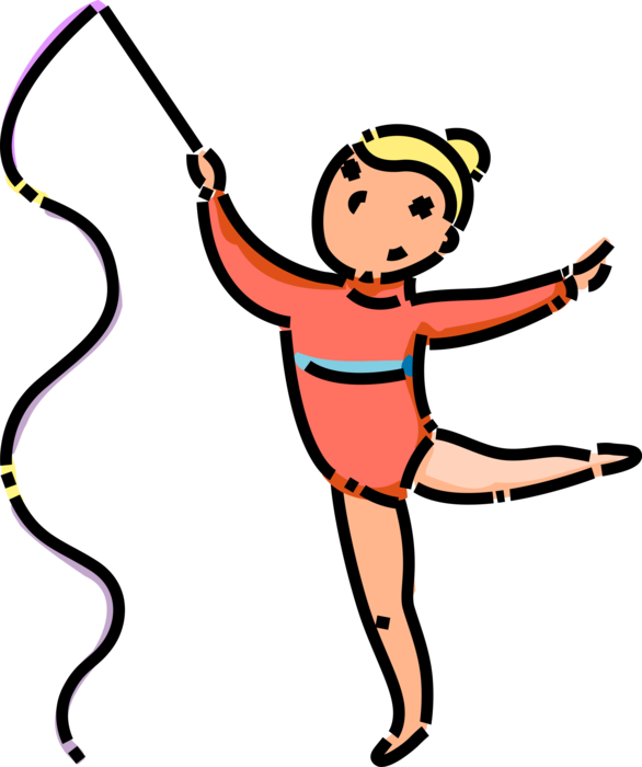 Vector Illustration of Primary or Elementary School Student Gymnast Girl Performs Artistic Gymnastics Routine with Ribbon