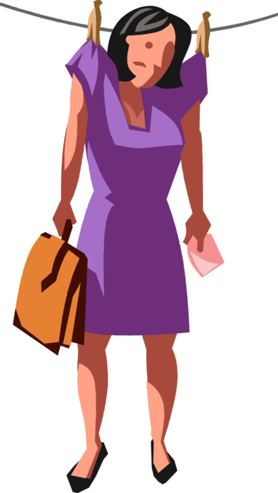 Vector Illustration of Scapegoat Businesswoman Hung Out to Dry on Clothesline with Clothespin or Clothes Pegs