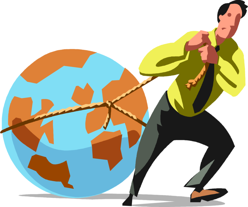 Vector Illustration of Overworked Businessman Pulling His Weight Does More Than Fair Share Dragging the World Planet Earth