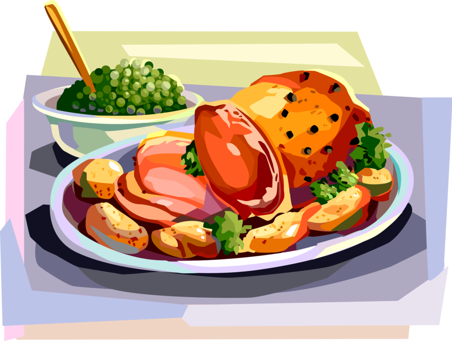 Vector Illustration of Danish Roasted Pork Dinner with Potatoes and Garden Peas