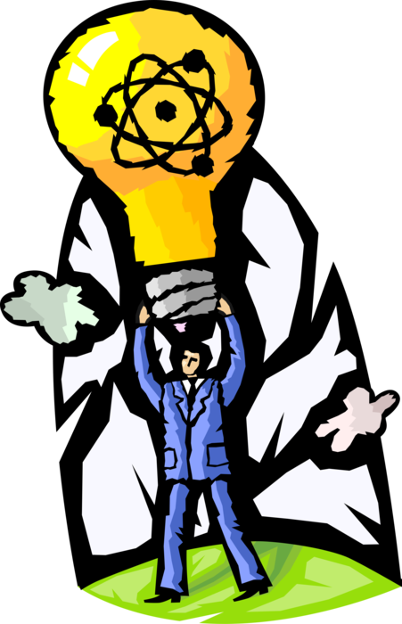 Vector Illustration of Businessman with Atomic Energy Electric Light Bulb Symbol of Invention, Innovation, and Good Ideas