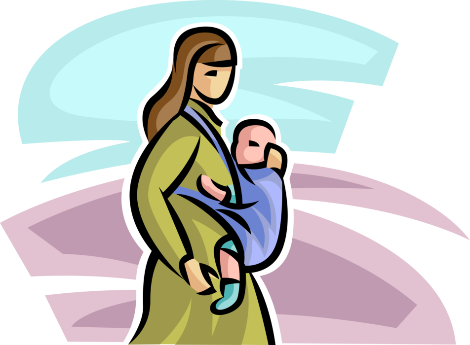 Vector Illustration of New Mother with Newborn Infant Baby in Baby Sling Carrier
