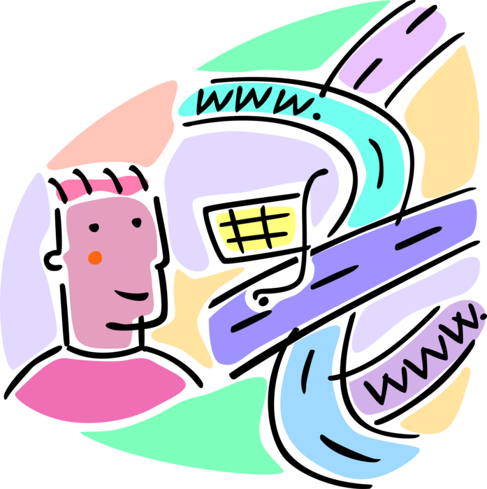 Vector Illustration of Surfing the Internet in Search of Goods and Services with Transaction Shopping Cart