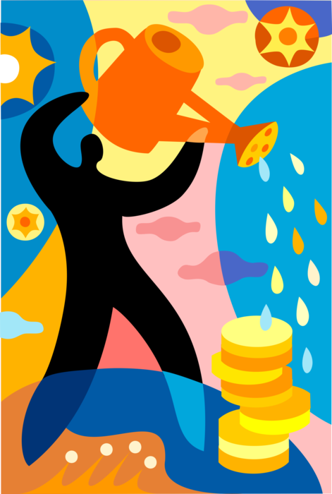 Vector Illustration of Financial Gardener Nurtures Corporate Revenues and Economic Growth with Watering Can