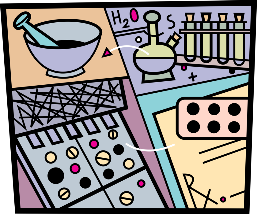 Vector Illustration of Pharmaceutical Laboratory Mortar and Pestle, Beaker Flasks and Test Tubes, Prescription Drug Medicine