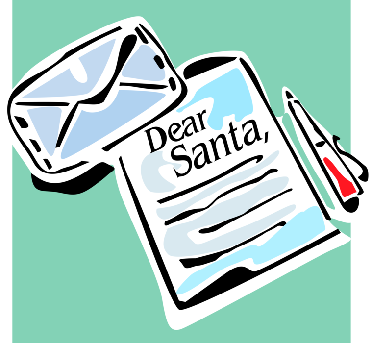Vector Illustration of Santa Claus' Christmas Wish List Letter to Santa with Envelope and Pen