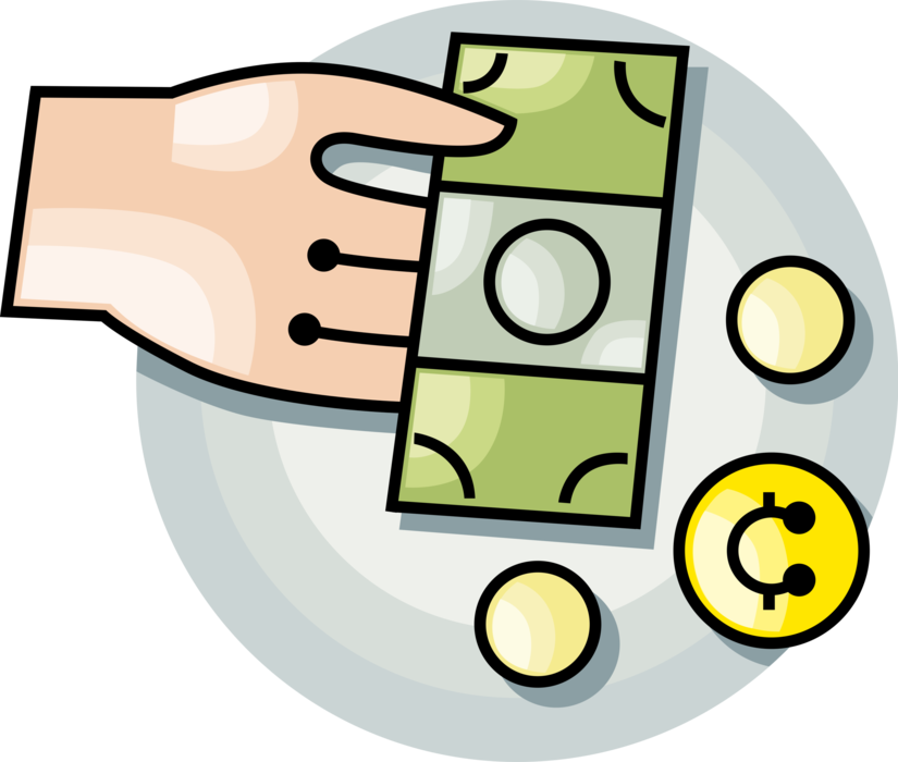 Vector Illustration of Hand Pays Money Cash Dollar Currency Banknotes and Coins as Medium of Exchange