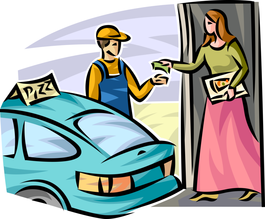 Vector Illustration of Paying Pizza Delivery Man Cash Money for Fresh Home Delivery Pizza