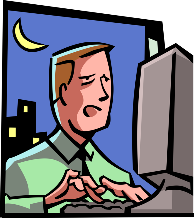 Vector Illustration of Businessman Works Overtime Late Into Night on Computer to Complete Work Assignment