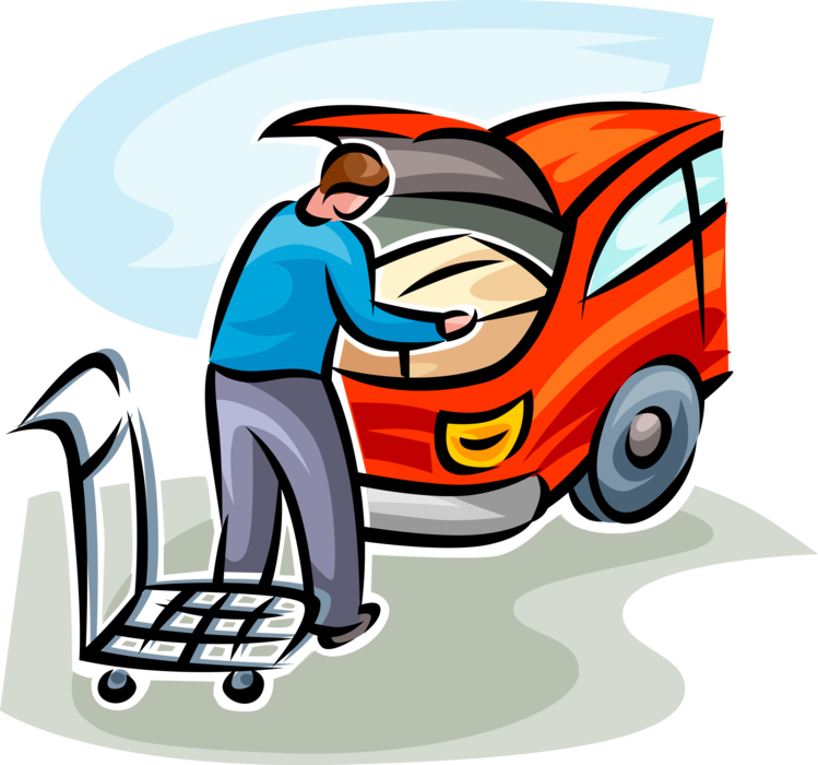 Vector Illustration of Motorist Driver Loads Automobile Motor Vehicle Car with Box Containing Retail Purchase