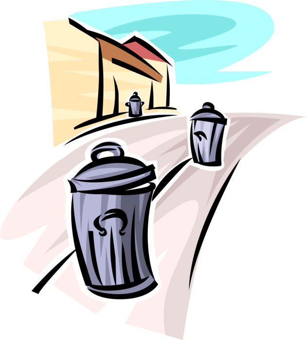 Vector Illustration of Waste Basket, Dustbin, Garbage Can, Trash Can for Rubbish on Sidewalk in City