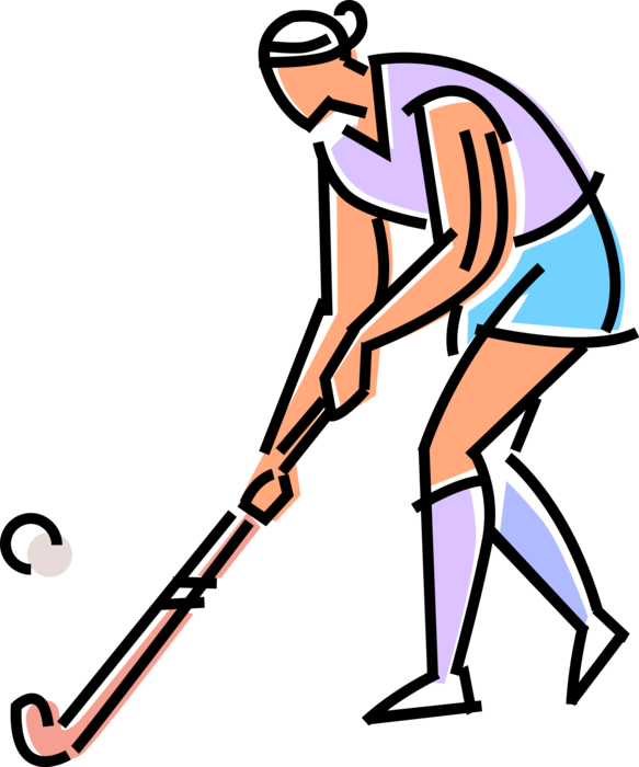 Vector Illustration of Team Sport of Field Hockey Player Strikes Ball During Competitive Game