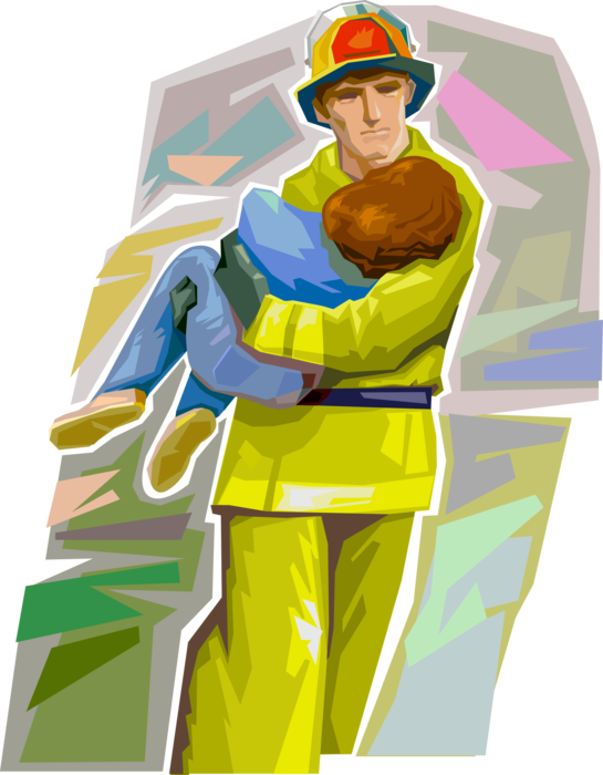 Vector Illustration of Firefighter Fireman Carries Child Victim from Burning Building