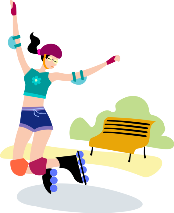 Vector Illustration of Rollerblader Jumps in Air on Inline Rollerblade Skates in Park