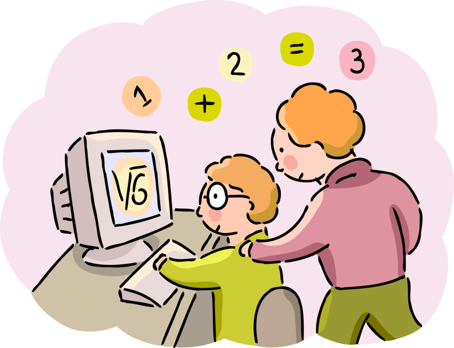 Vector Illustration of Teacher Assists Academic Student with Math Problem in School Classroom