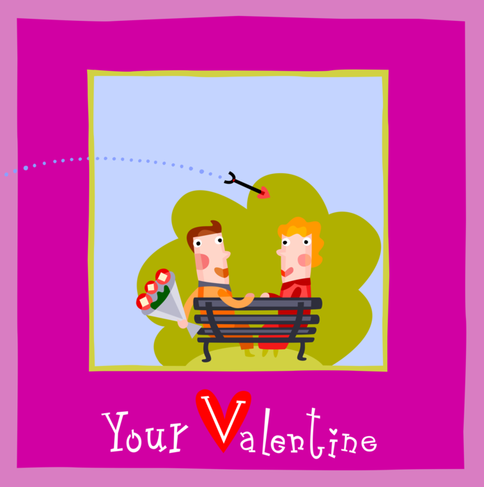 Vector Illustration of Valentine's Day Greeting Card with Romantic Couple in Loving Relationship Targeted with Cupid's Love Arrow