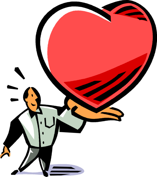 Vector Illustration of Romantic Amorous Man Offers Oversized Love Heart in Hand