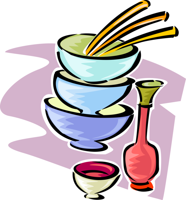 Vector Illustration of Kitchen Bowls and Dishes with Chopsticks and Rice Wine Sake