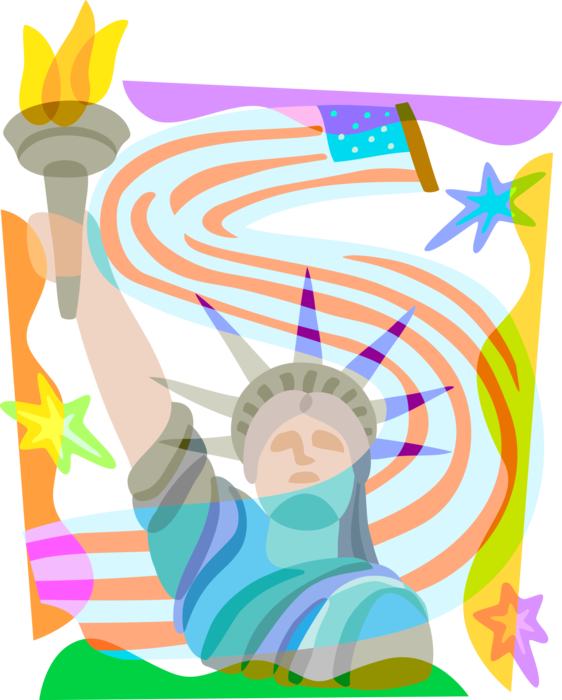 Vector Illustration of Celebrating Independence Day 4th of July with Statue of Liberty and American Flag