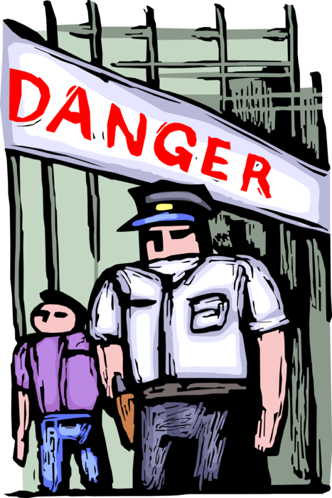 Vector Illustration of Law Enforcement Police Officer Stands on Guard with Danger Sign