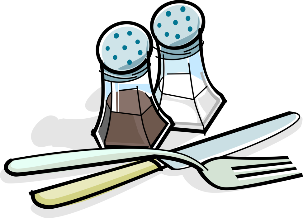 Vector Illustration of Kitchen Salt and Pepper Shakers with Knife and Fork Utensils