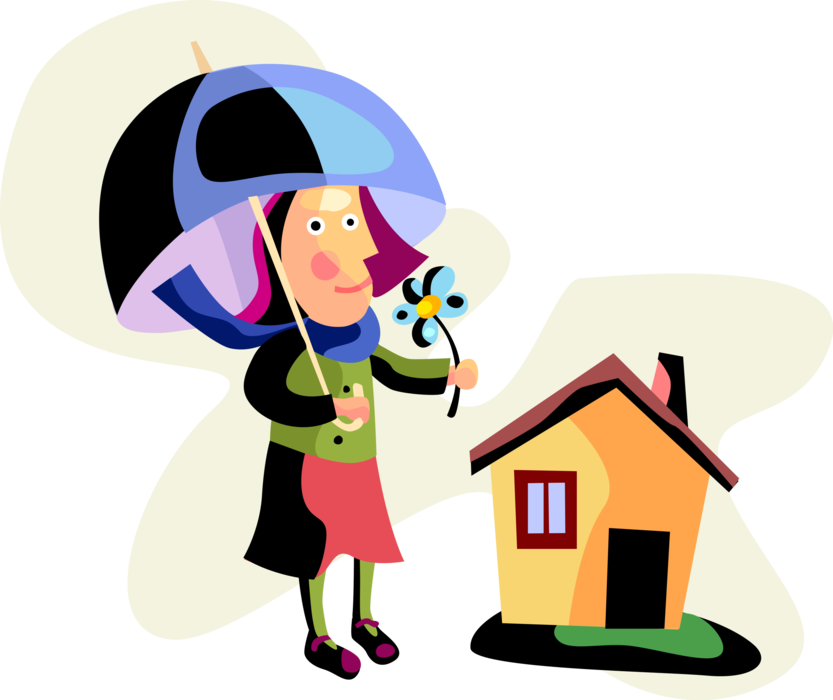 Vector Illustration of Woman with Umbrella or Parasol Rain Protection and Flower at Family Home Residence House