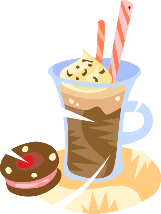 Vector Illustration of Gourmet Coffee Drink Beverage with Whipped Cream Topping and Biscuit Cookie