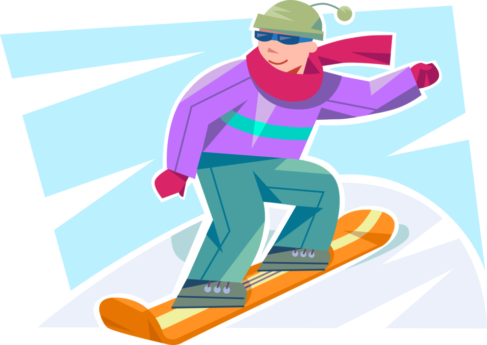 Vector Illustration of Snowboarder Snowboards Down Mountain Slope in Winter