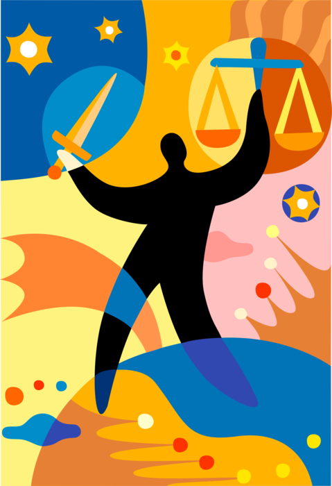 Vector Illustration of Justice Blindfolded Holding Balance Scales and Sword Moral Force in Judicial Systems