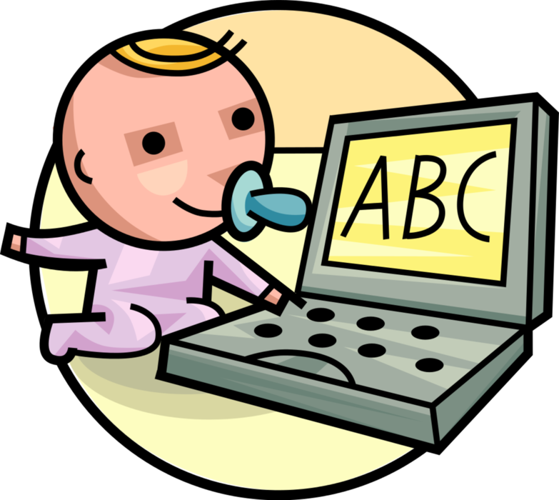 Vector Illustration of Newborn Infant Baby with Pacifier Soother Interacts with Computer