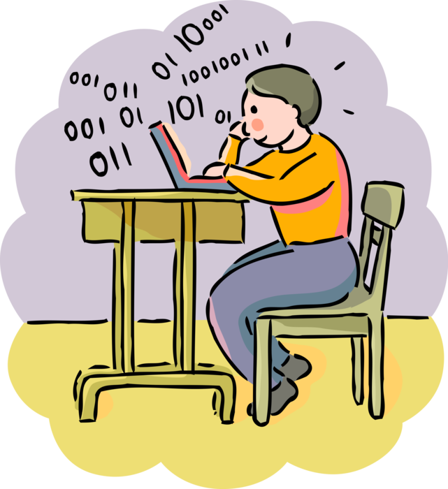 Vector Illustration of Student Computer Programmer Works on Binary Code Programming in Computer Class