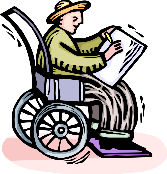 Vector Illustration of Visual Arts Elderly Artist in Handicapped or Disabled Wheelchair Draws Artwork on Paper
